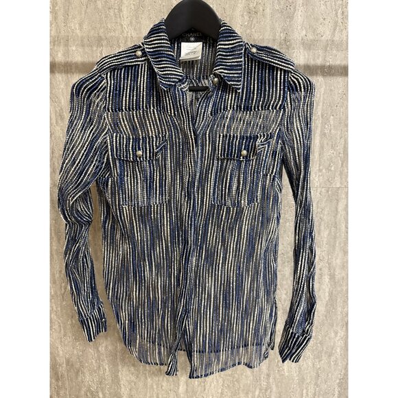 Chanel Sheer Striped Button-Up Shirt Size 36 - Picture 1 of 11